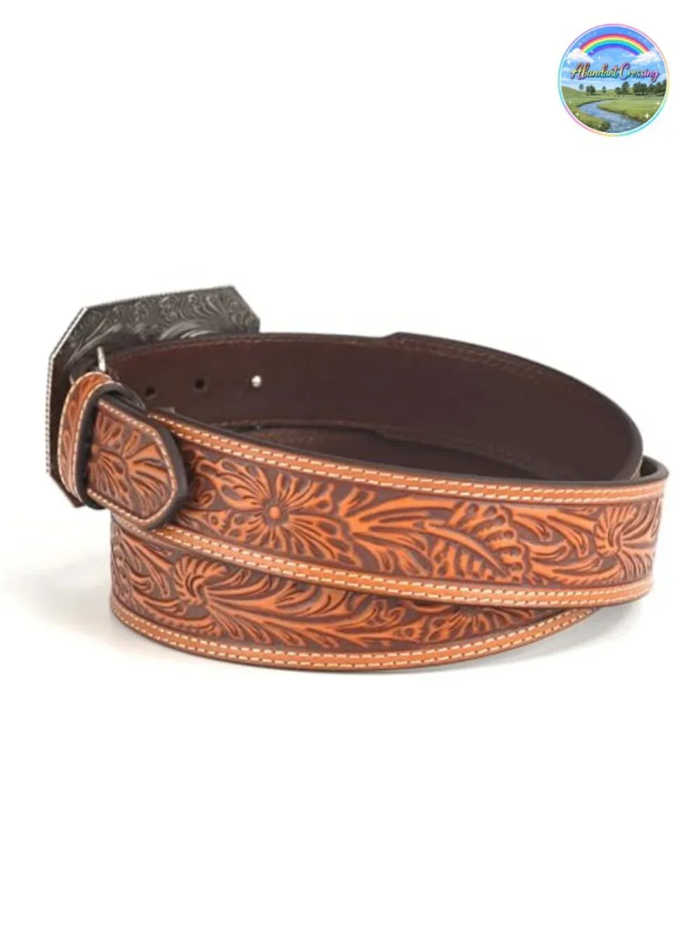 Men's Floral Embossed Leather Belt Tapered Western Two-Tone Buckle